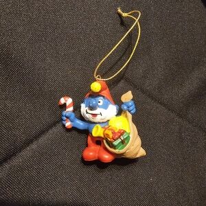 Vintage Smurf Christmas Ornament Papa Smurf with Candy Cane & Gift Sack  1980s‎